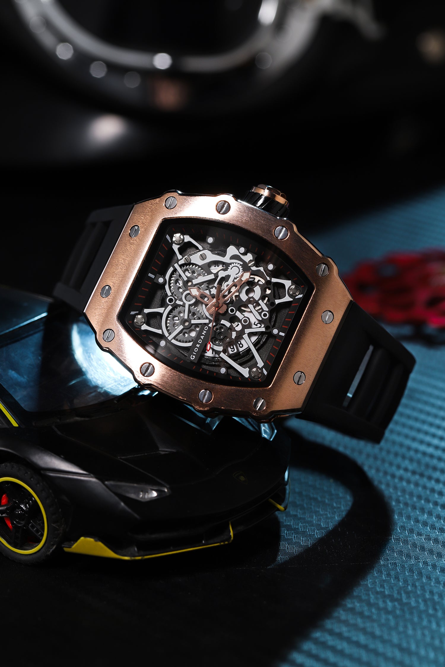 Giordano Analog Watch for Men - Skeleton-Style Dial | Brushed Steel Case with Silicone Strap | GZ-50127-03